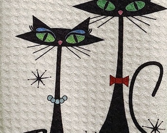 Mid Century Modern Atomic Martini Cat bar towels, cat mom, cat dad, MCM cat