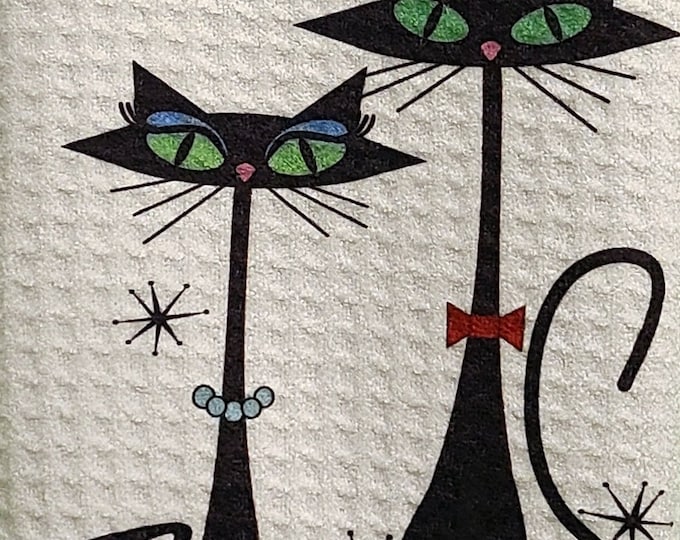 Mid Century Modern Atomic Martini Cat bar towels, cat mom, cat dad, MCM cat