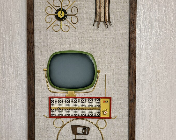 Philco Predicta Mid Century Inspired Retro TV Set Wood Art on Linen Panels with Sexton Cat
