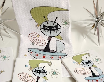 Atomic Cats in Space Towels & Coasters Atomic Design, Birthday Gifts, MCM Cat Lovers, Gift set