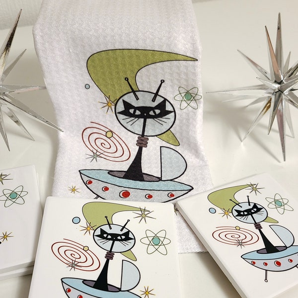 Atomic Cats in Space Towels & Coasters Atomic Design, Birthday Gifts, MCM Cat Lovers, Gift set