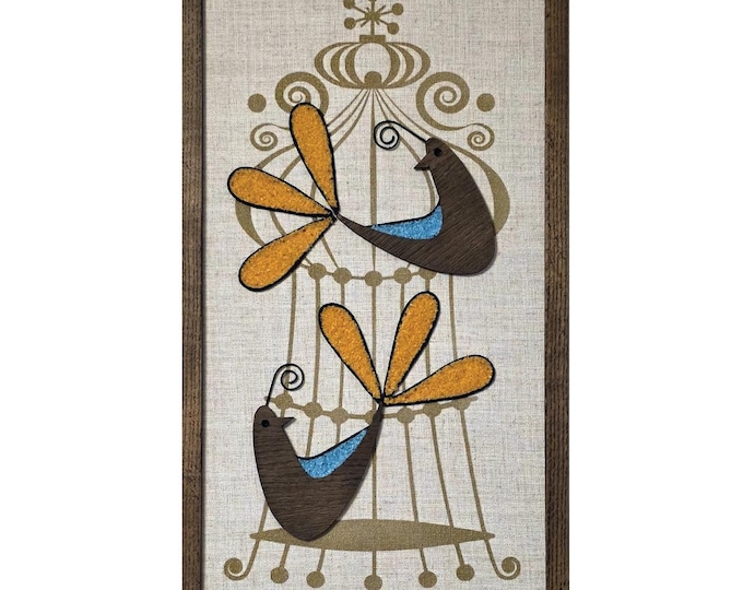 Mid Century Modern Decor, Modern art Birdcage, MCM Wall Art Panels, Gravel art,  bird art, love birds, partridges,