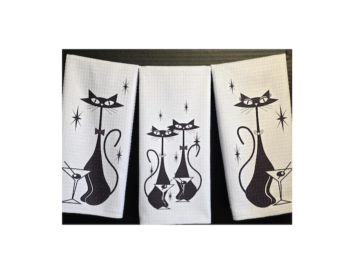 Atomic Martini Cats – Retro Mid Century Kitchen Towels (Set or Singles)
