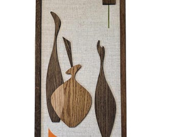 Handmade Mid-Century Modern wall art panel with shapes inspired by vintage Sexton bottles.