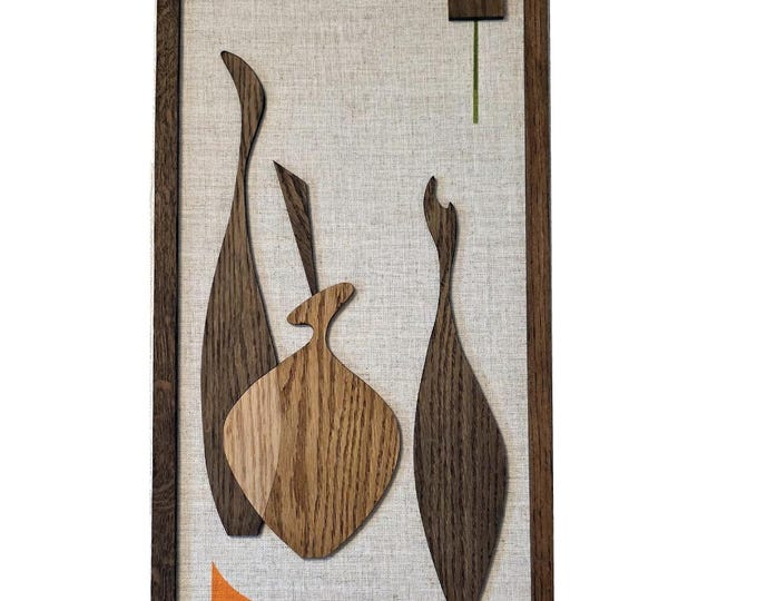 Handmade Mid-Century Modern wall art panel with shapes inspired by vintage Sexton bottles.