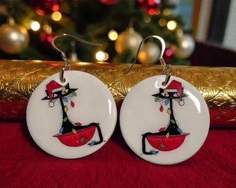 Cat in the Tree-Handmade Retro Atomic Christmas Cat Earrings