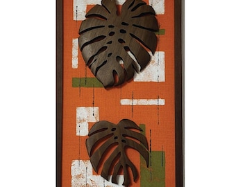 Mid-Century Modern Wall Art Panel – Tiki & Witco Inspired with Carved Walnut Monstera Leaves