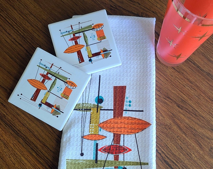 Retro Bar art, Old Fashioned - MCM Coasters and Towels, Mid Century Modern wall art, Atomic age, Retro bar, atomic art