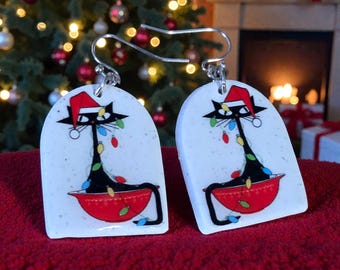 Handmade Retro Atomic Christmas Cat Earrings