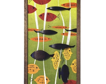Fish School MCM and TIKI inspired Fish art on linen panel-Mid Century wall art, Eames era, atomic, TIKI bar art, retro, 1960's