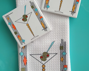 Retro Bar art, ATOMIC MARTINI - MCM Coasters and Towels, Mid Century Modern wall art, Martini art, olives, bar art, gift for him/her