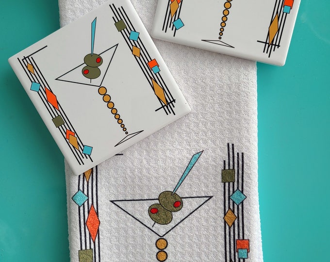 Retro Bar art, ATOMIC MARTINI - MCM Coasters and Towels, Mid Century Modern wall art, Martini art, olives, bar art, gift for him/her