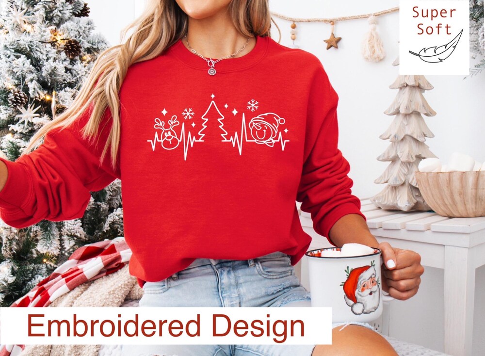 Embroidered Christmas Ekg Nurse Sweatshirt, Heartbeat Christmas Sweatshirt, Ekg Line Christmas Sweatshirt, Christmas Party Medical Christmas Holoshirts