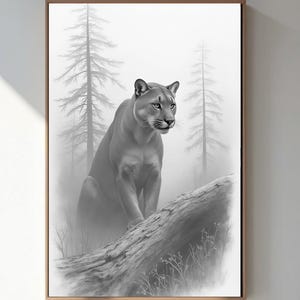 Mountain Lion Cougar Wall Art - Stunning Grayscale Digital Download for Home Decor or Art Projects - Unique Gift for Animal Lovers