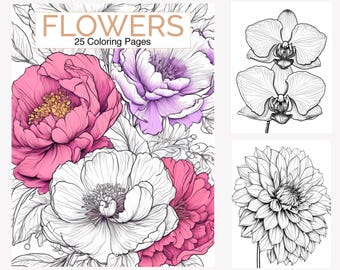Florale Ausmalseiten: 25 Blumen Illustrationen (Instant Download)
