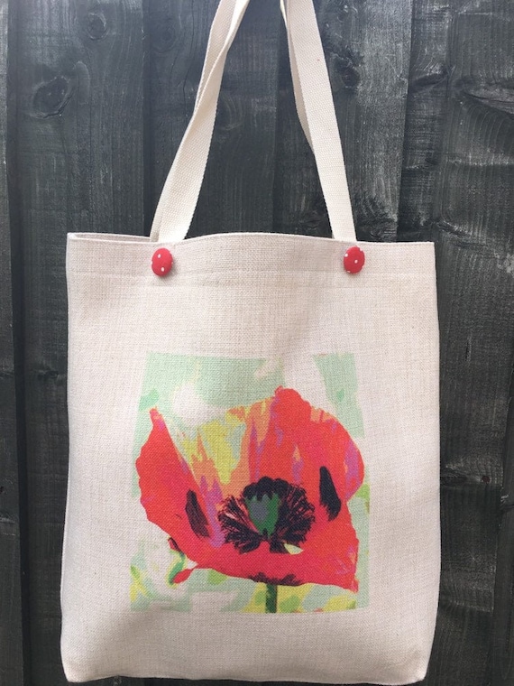 Tote Bag, 'Poppy' hand printed, linen-look, washable, original design, bag size 39cm x 36cm, plus handles