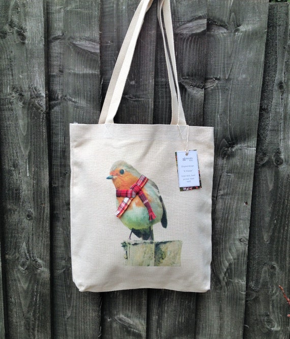 Tote bag, 'Robin' hand printed & decorated, linen-look, original design, bag size 39cm x 36cm, plus handles