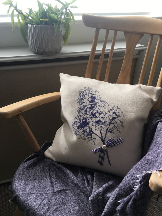 Cushion, 'Lilac' linen look, 16" x 16" hand printed, hand embellished, original design with pad