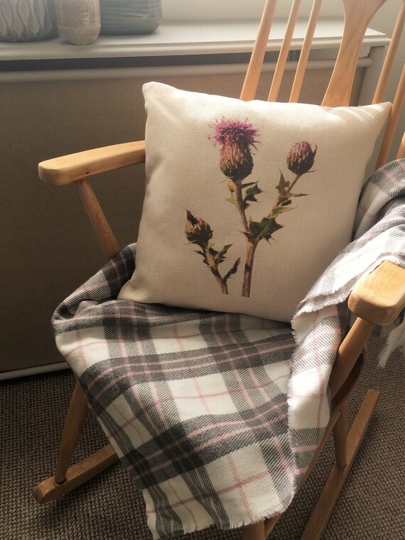 Cushion, 'Thistle' linen look, 16" x 16" hand printed, hand embellished, original design with pad