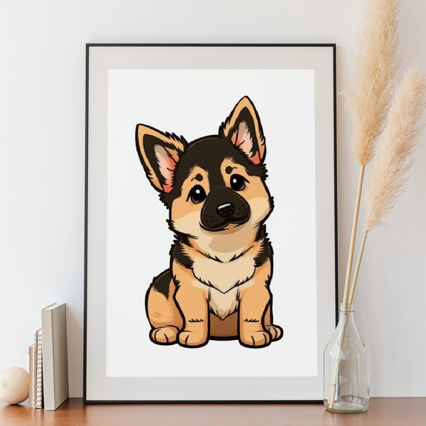 Cute German Shepherd Dog Wall Art, Kawaii Puppy Cartoon for Home Decor, Digital Printable Artwork