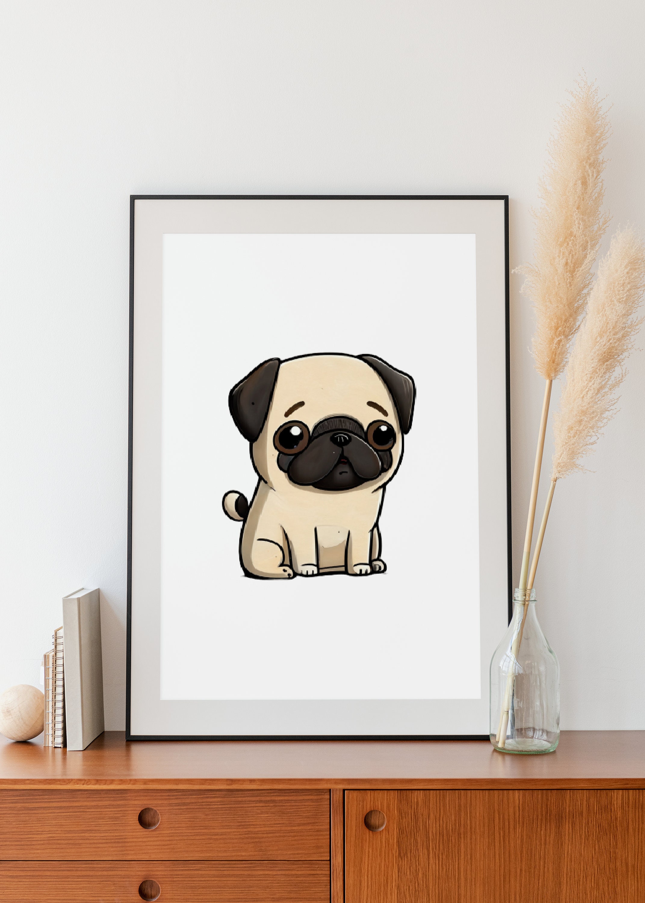 Cute Pug Dog Wall Art, Kawaii Puppy Cartoon for Home Decor, Digital