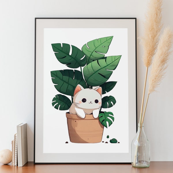 Cute Kitty Cat Monstera Plant Wall Art, Kawaii Cartoon for Home Decor, Digital Printable Artwork