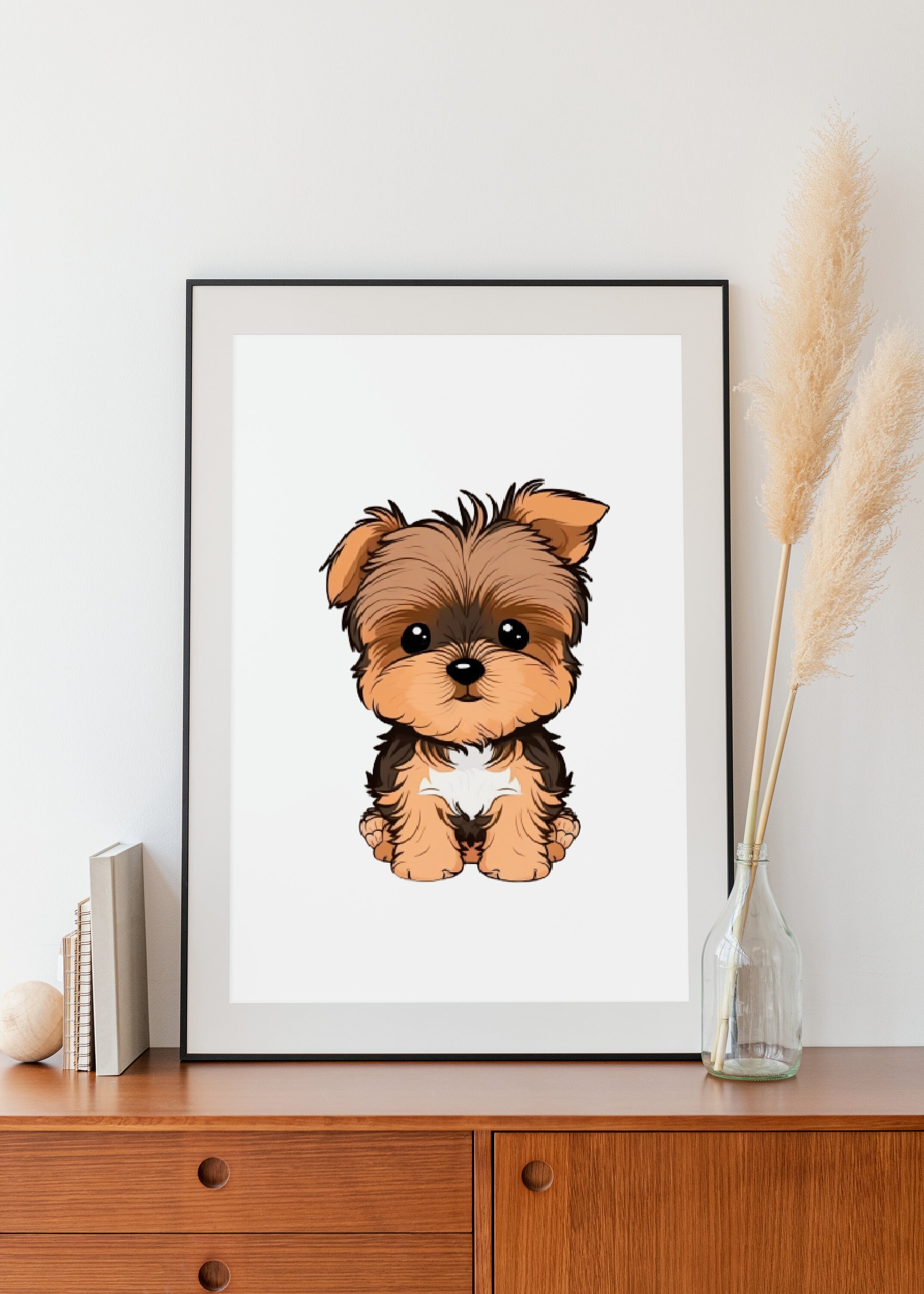 Cute Yorkie Dog Wall Art, Kawaii Puppy Cartoon for Home Decor, Digital