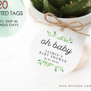 Puede incluir: Veinte etiquetas redondas impresas de 5 cm de di&aacute;metro con un dise&ntilde;o de hojas verdes y el texto "oh baby" con el nombre Jasmin's Baby Shower y la fecha 9.21.2021.