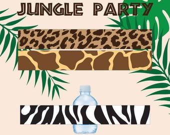 May include: Jungle Party themed printable water bottle labels with leopard, giraffe, and zebra print designs. The labels are designed to wrap around a standard water bottle. The text "JUNGLE PARTY" is at the top of the image.