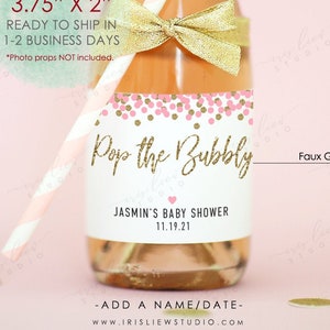 8 Mini Champagne Bottle Labels, Pop The Bubbly Labels, Personalized Baby Shower Champagne Labels,Custom Wedding Champagne Labels