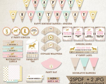 May include: Cowgirl birthday party printable decorations in pink, blue, and gold with a western theme. Includes a banner, cupcake wrappers, water bottle labels, party circles, favor tags, food tents, straw flags, and more.