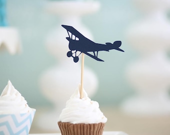 12 airplane cupcake toppers,navy airplane cupcake toppers,vintage airplane party,time flies cupcake toppers,airplane cake topper,time flies