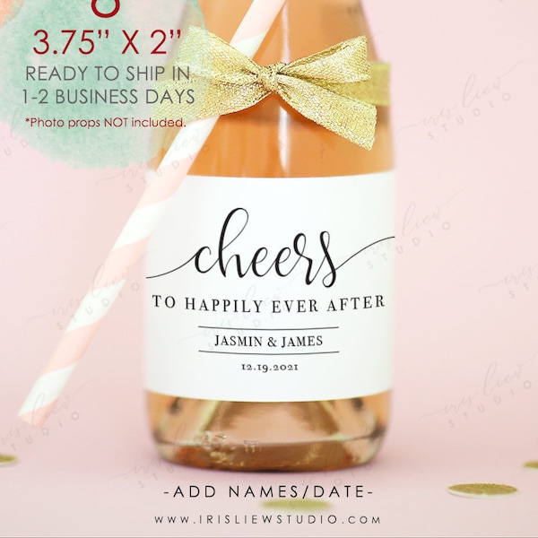 8 Mini Champagne Bottle Labels, Cheers To Happily Ever After Labels, Personalized Wedding Champagne Labels,Custom Wedding Favor Labels