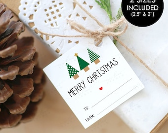 May include: White gift tag with three green Christmas trees, a gold star, and the text "Merry Christmas". The tag has blank lines for "To:" and "From:". The tag is 2.5 inches and 2 inches.