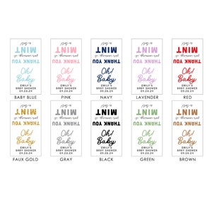 May include: Rectangular baby shower favor tags in various colors, each with the text "Thank You for coming, it's a lot!" and "Oh! Baby." The tags include the name "Emily's Baby Shower" and the date 09.28.24.