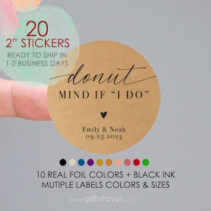 Donut Mind si hago pegatinas, pegatinas de boda, pegatinas de favor de donut, etiquetas de favor de donut, pegatinas de favor de boda personalizadas, etiqueta de donut de boda
