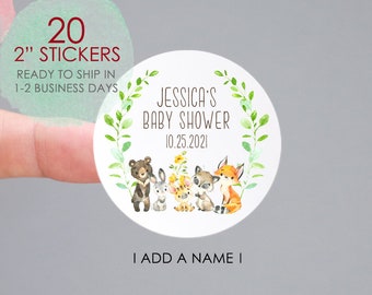 Klistermärken för babyshower i skogsmark, tackklistermärken i skogsmark, etiketter för barnpresenter i skogsmark, tacketiketter, etiketter med skogsdjur