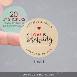 Love is brewing stickers,love is brewing labels,custom coffee favor labels,custom wedding favor labels,wedding coffee labels,tea favor label