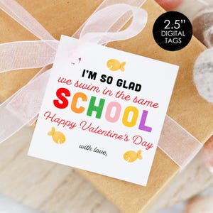 Puede incluir: Una etiqueta de San Valentín imprimible blanca con el texto "I'm so glad we swim in the same SCHOOL Happy Valentine's Day with love." La palabra "SCHOOL" está en colores arcoíris y hay dos pequeños peces amarillos en la etiqueta.