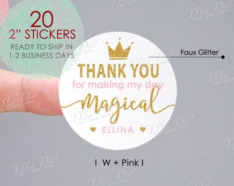 Princess stickers,Prince stickers,faux gold glittered crown stickers,thank you for making my day magical stickers,baby shower favor stickers