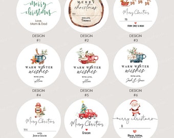 May include: Nine different designs for Christmas gift tags. The designs feature a variety of winter themes, including a Christmas tree, Santa Claus, a warm winter drink, and a red truck. The tags are all round and have a white background.