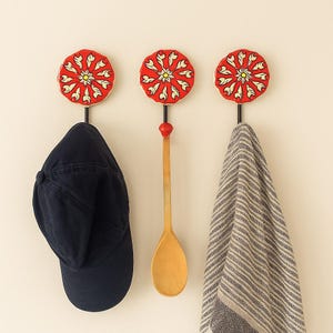 Red Color Ceramic Wall Hooks Handmade HandPainted Cabinet Metal Hanging for Towels Clothes Coat Umbrellas Scarves Hanger