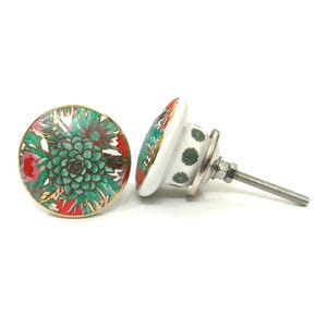 Handmade Floral Ceramic Knob - Gold Accent, Dresser Drawer Pull