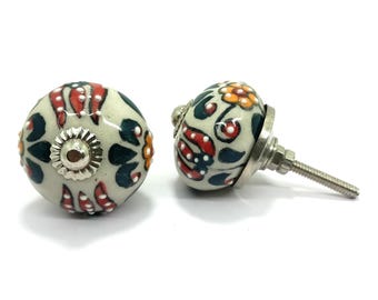 Hand-Painted Ceramic Knob: Multicolor Floral Cabinet Hardware