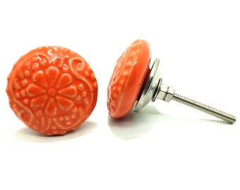 Orange Ceramic Knob, Vintage Style Cabinet Hardware