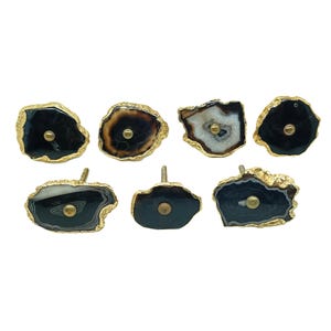 Black Agate Knobs with Brass, Set of 7, Stone Cabinet Drawer Pulls