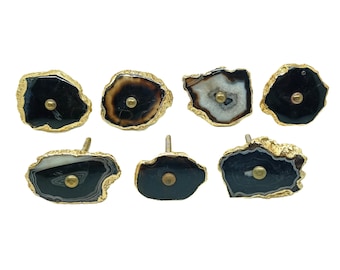 Perillas de ágata negra con latón, juego de 7, tiradores de piedra para cajones de gabinete