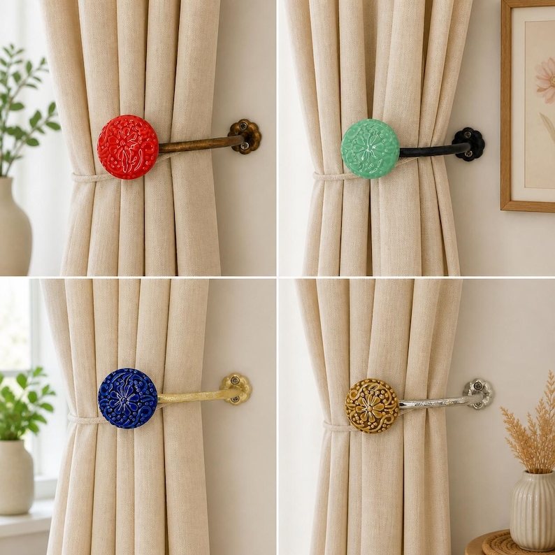 May include: A set of four curtain holdbacks featuring circular, embossed floral medallions in red, mint green, blue, and gold. Each medallion is attached to a metal arm with a decorative wall-mounting plate, securing beige fabric curtains in place.