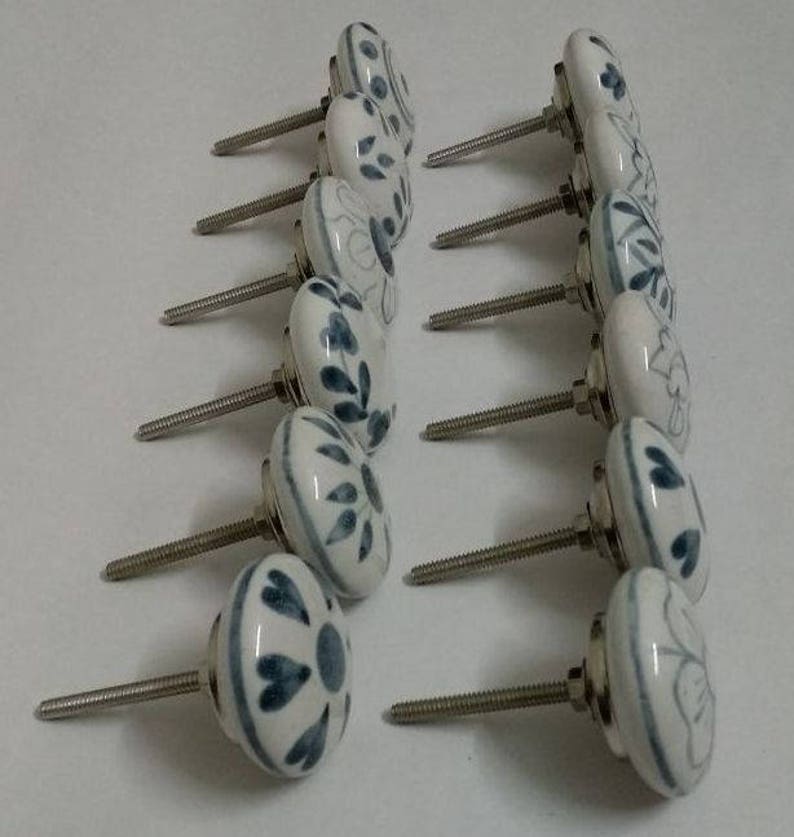 Grey and White Flat Ceramic Knobs Handpainted Kitchen Etsy