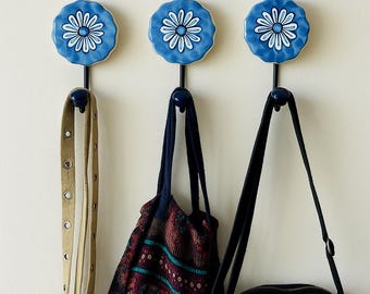 Hand-Painted Blue Ceramic Wall Hooks, Set of 3